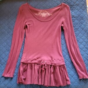 Burgundy Long Sleeve Top with Ruffle Hem